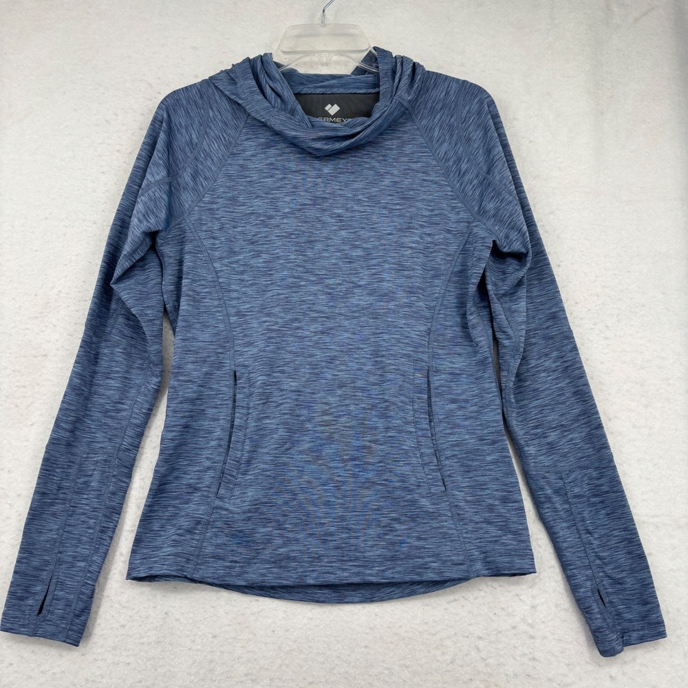 Obermeyer Sweatshirt Hoodie Size M Blue Space Dye Cowl Neck Thumbholes Pocket